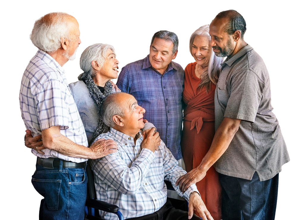5 men and women senior standing around senior man in wheelchair
