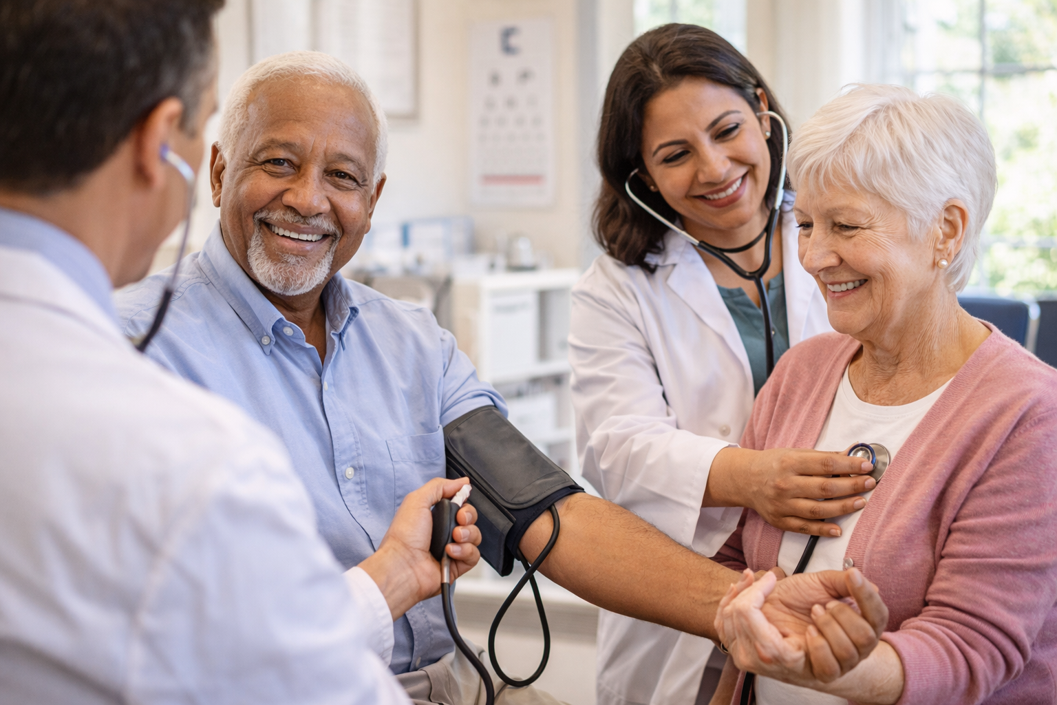 Senior Man and Woman in medical office getting Blood pressure Checked