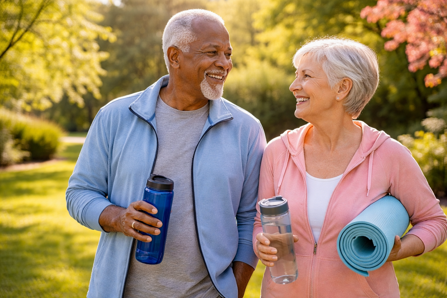 two Seniors getting ready to exercise in the park