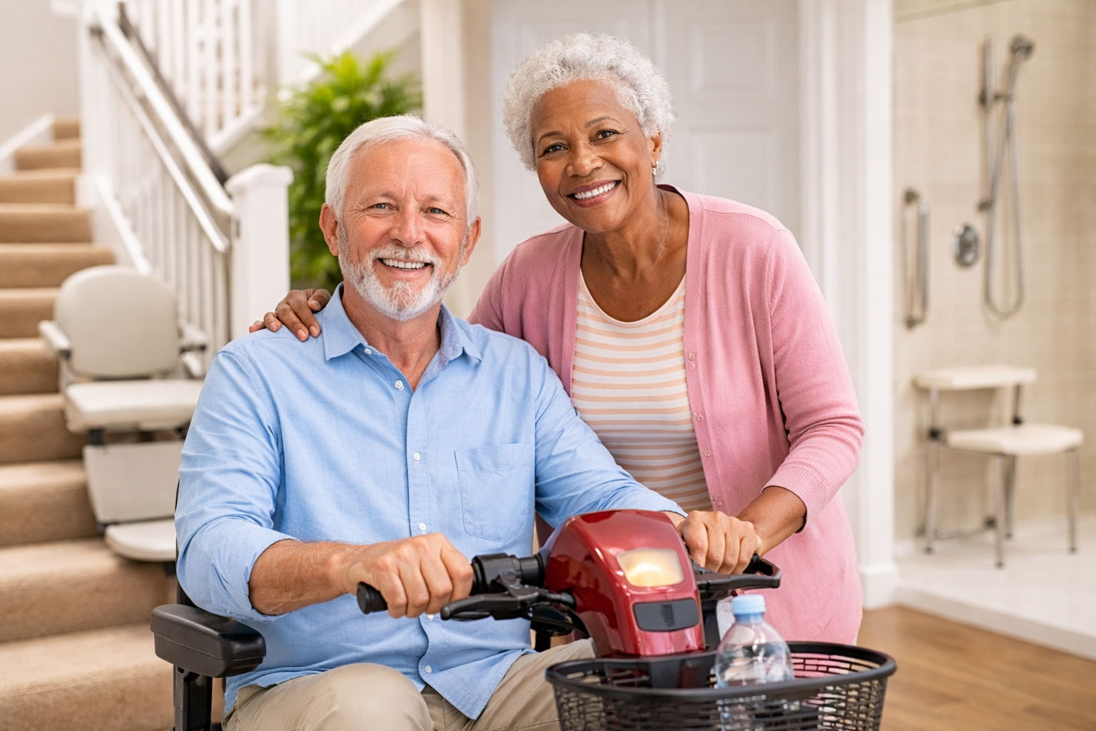 Man and woman in Home Man is on a red scooter