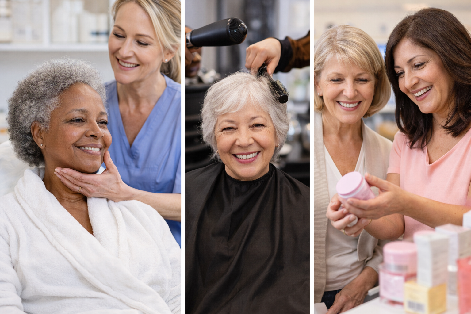3 Women 2 are getting hair styled 1 is shopping for beauty products