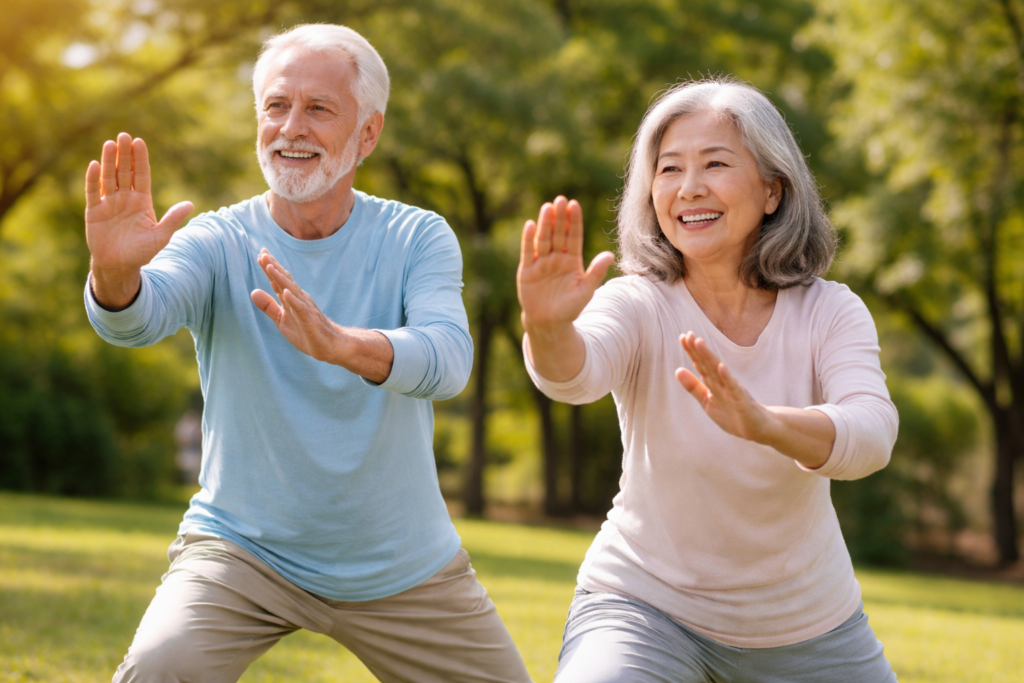 Senior man and woman doing Tai Chi in the park