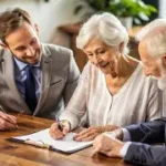 Seniors Signing Paperwork with young executive in an office setting