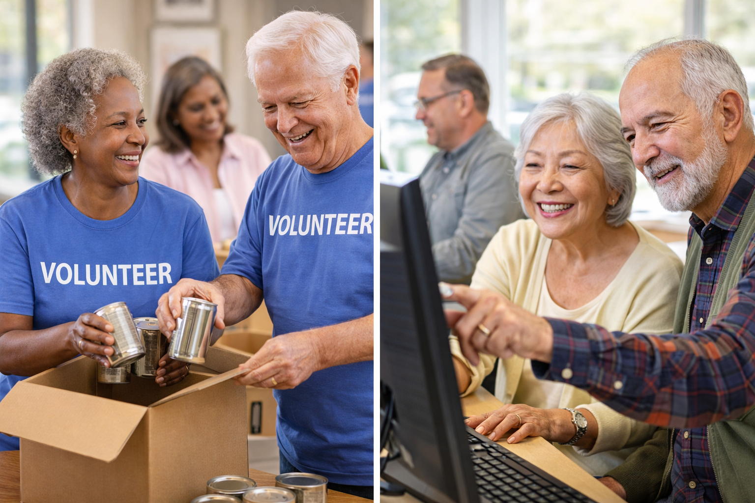 Split Screen on left senior couple wearing volunteer shirts packing food in boxes on right side seniors engaged on a computer screedn