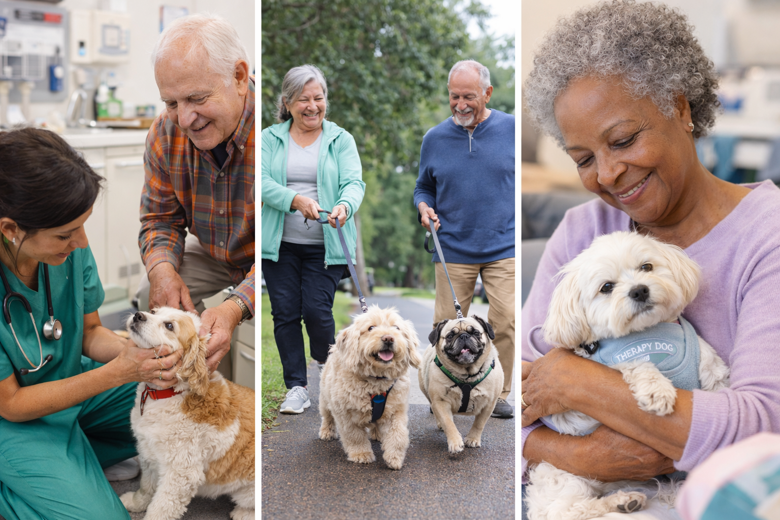 Seniors and their Animals 4 seniors with dogs walking them and holding them