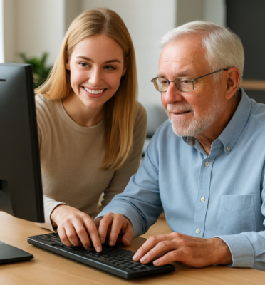Young man helping senior with laptop