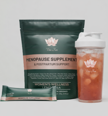 Vita-Fem PAckaging with a Shaker of Vita-Fem drink and an individual stick package of Vita-Fem