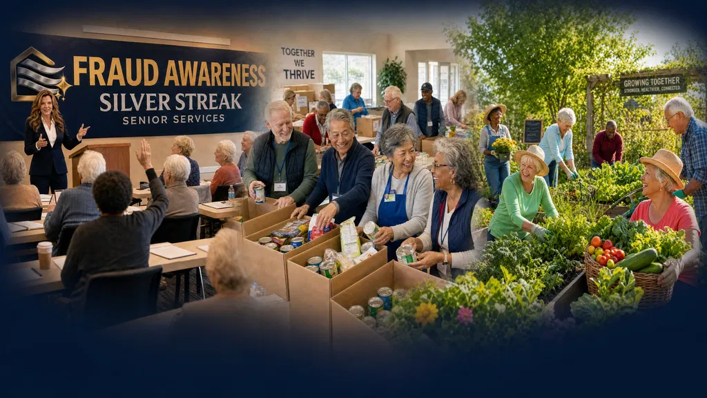 Seniors participating in fraud awareness education, volunteer work, and community gardening programs"