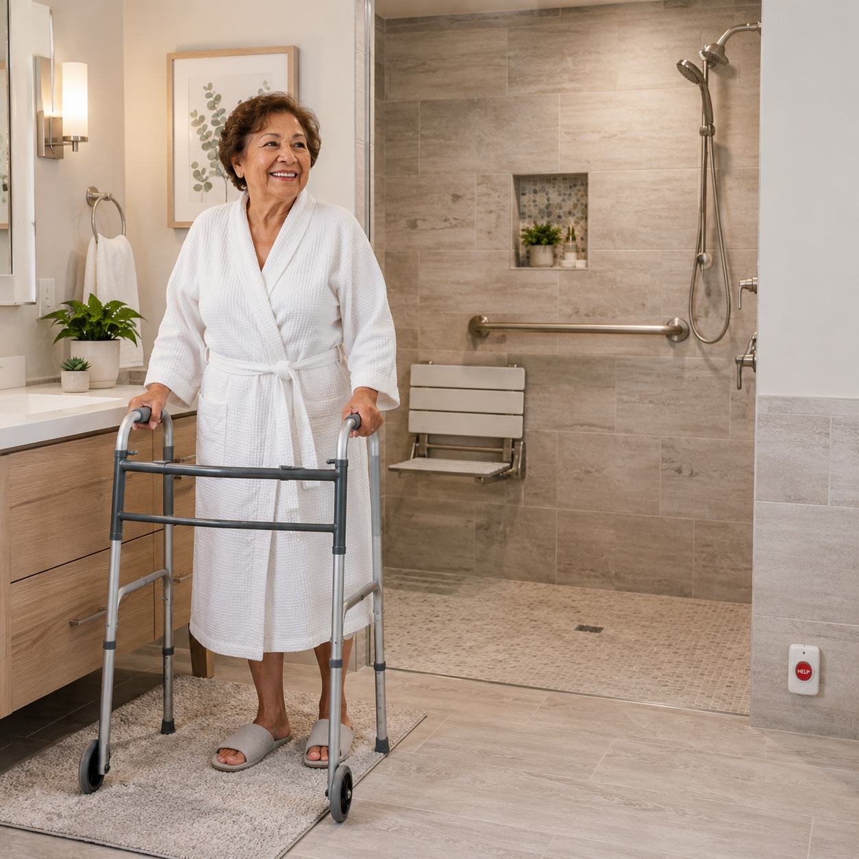 Senior woman smiling with walker in a safely adapted accessible bathroom