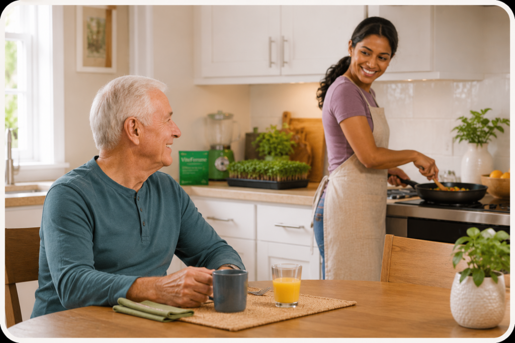 woman cooking dinner for a senior man