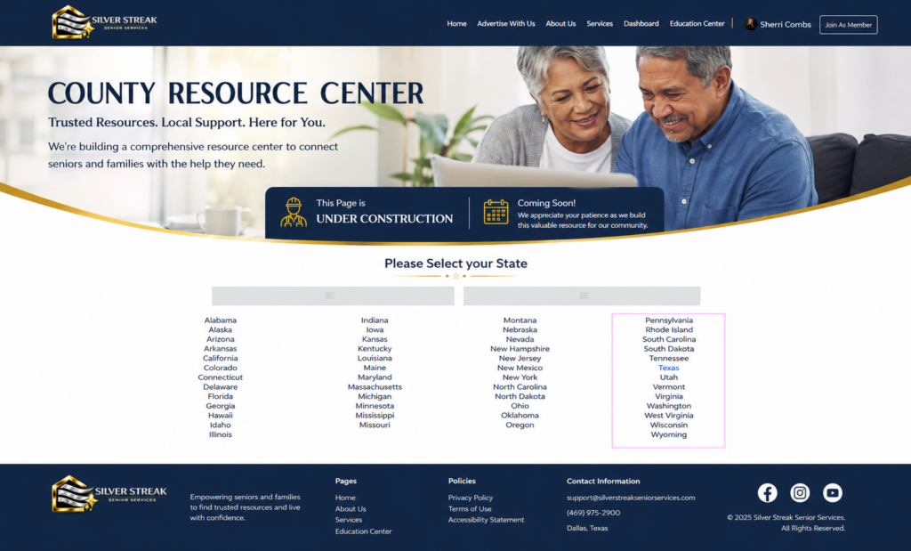 Silver Streak Senior Services County Resource Banner with Two seniors looking at a computer . Page is under construction and coming soon