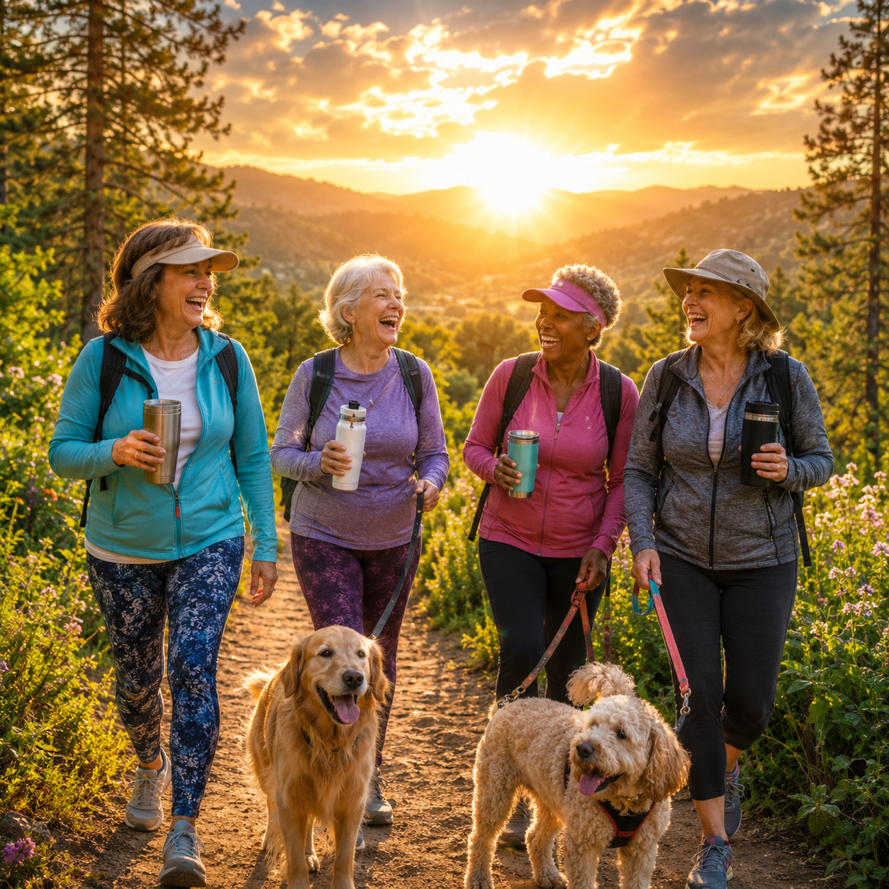 Four joyful senior women hiking with dogs at golden sunset celebrating friendship and active living