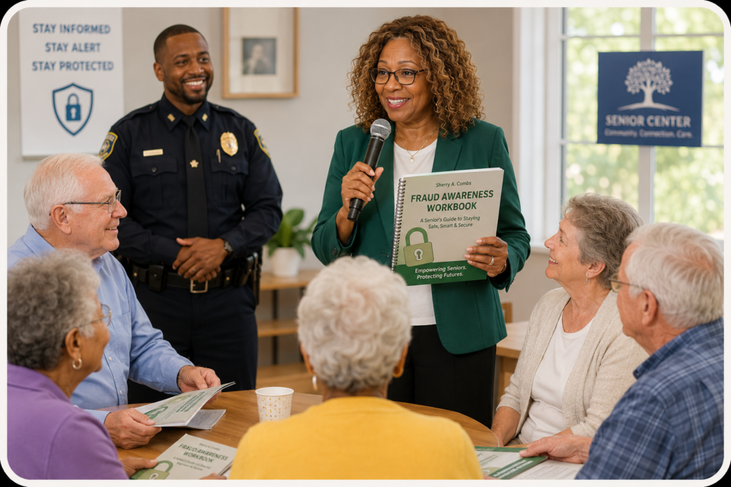 woman and police officer teaching a class on fraud awareness to a group of five seniors
