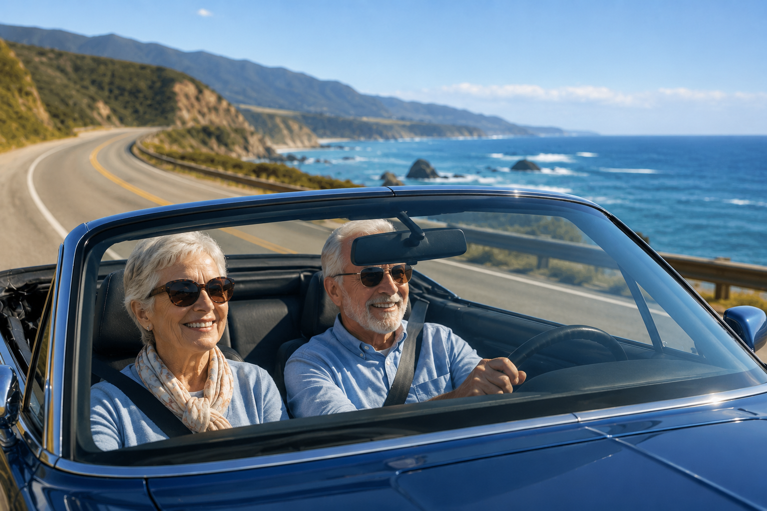 Happy senior couple driving convertible along scenic coastal highway - senior travel safety