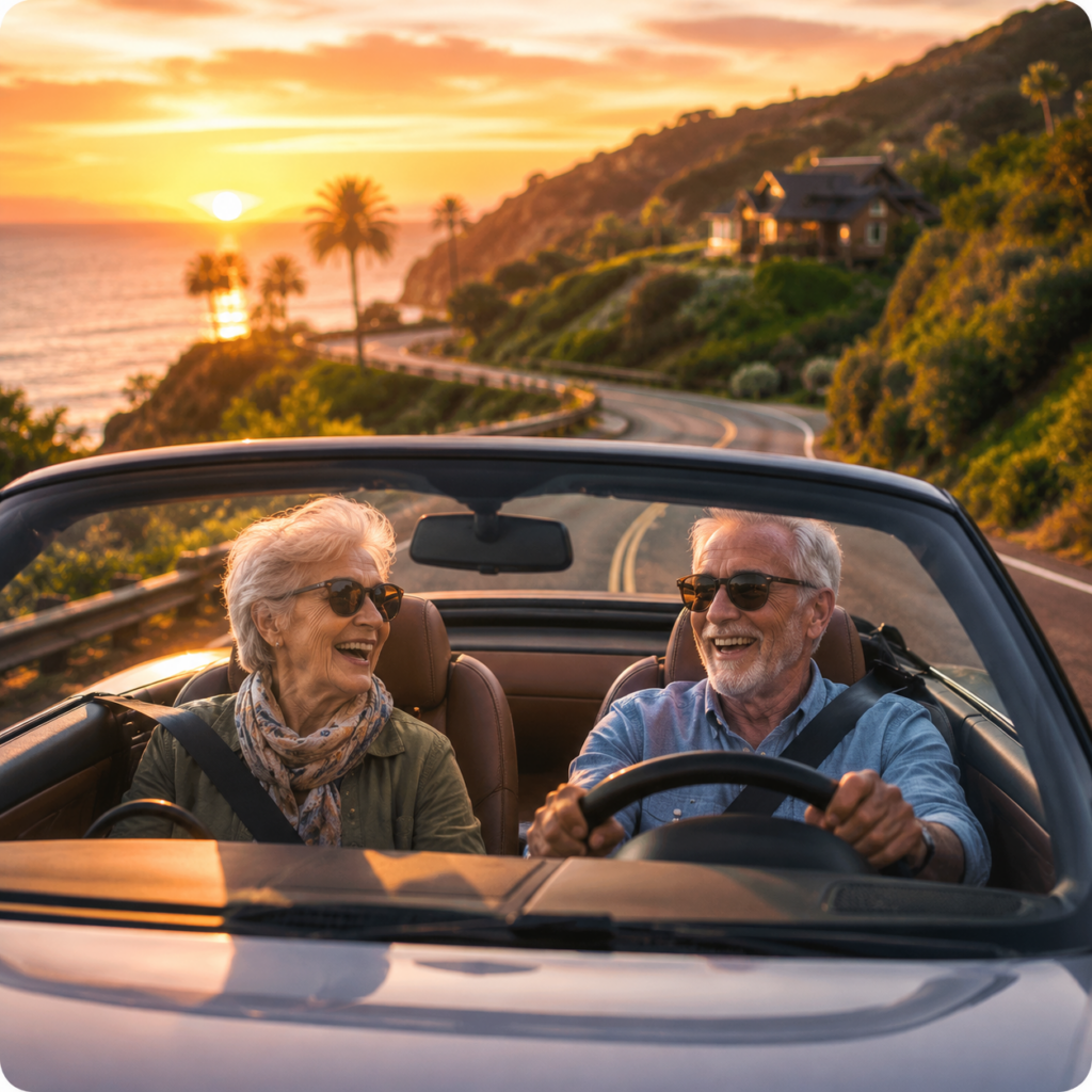 senior man and woman driving on mountain road at sunset smiling