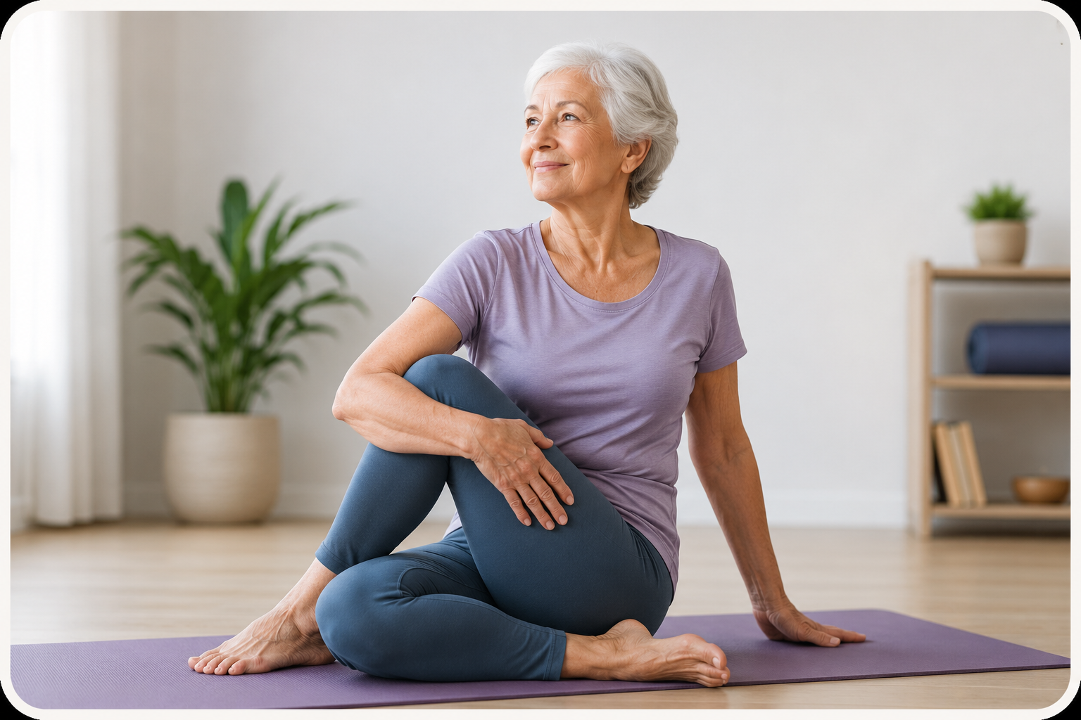 Senior woman doing yoga on a mat in a bright peaceful room