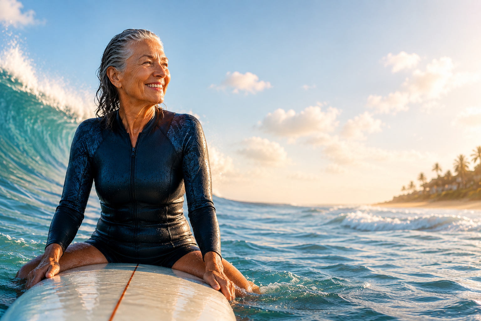 Senior woman surfing representing the Silver Tsunami and Americas aging population