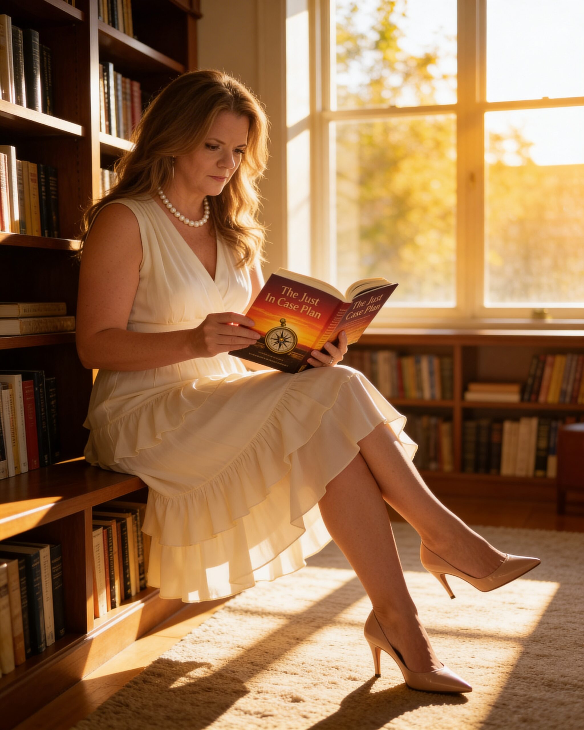 Sherri L. Combs reading The Just In Case Plan in a warm sunlit library