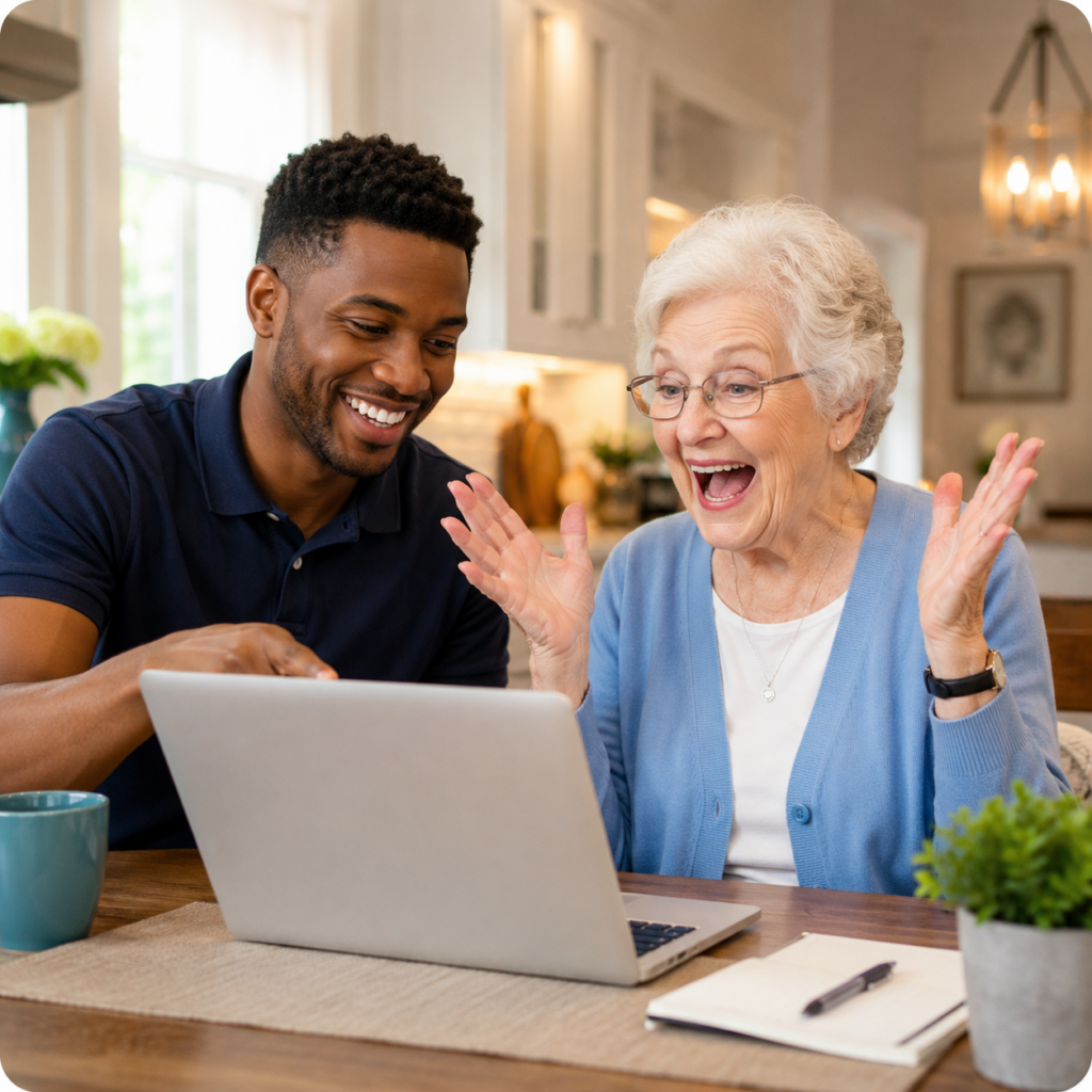 Senior woman rejoicing over young man assisting her with her computer