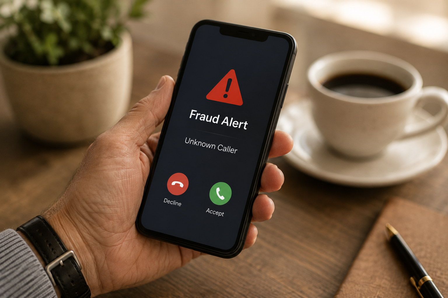 Phone showing a scam alert warning