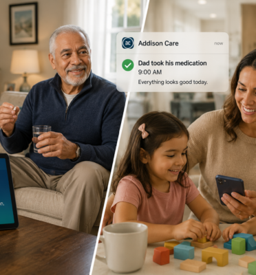 Senior and family caregiver using Addison Care. With caption "More than tech. A Partner in daily care"