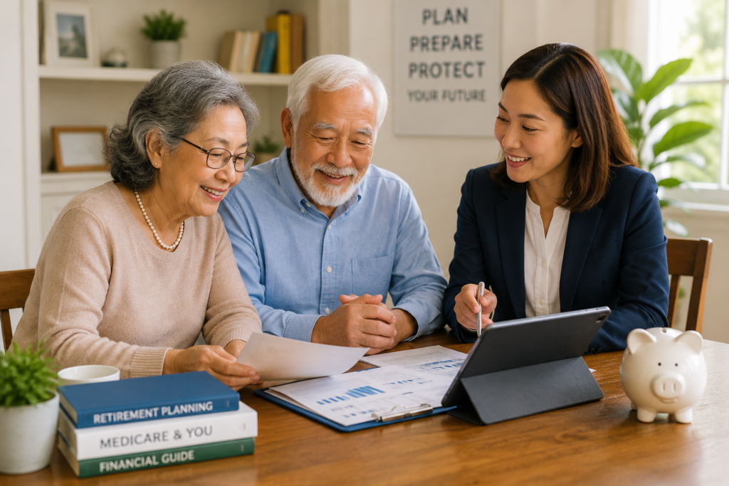 Senior man and woman meeting with female financial planner