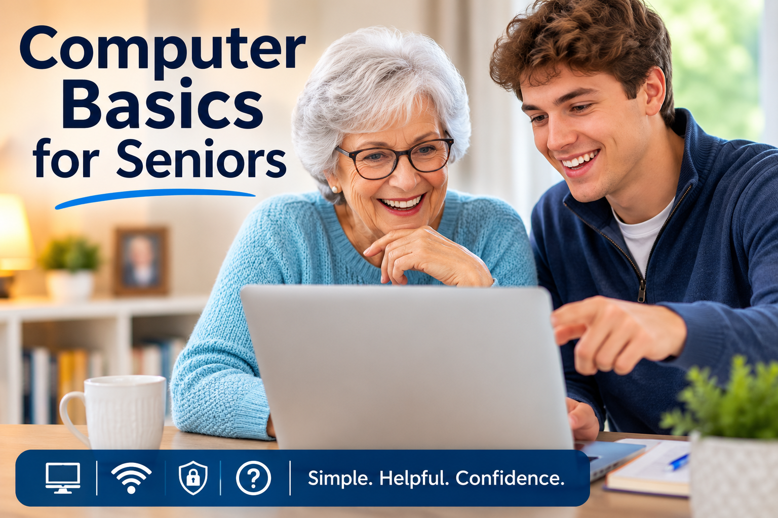 A smiling senior woman learns computer basics with help from a young technology coach using a laptop at home.
