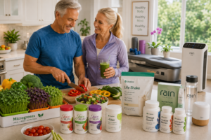 Active older couple preparing healthy food in a bright kitchen with fresh microgreens, Juice Plus+®, Shaklee®, RAIN® products, Island Micro Greens, an air purifier, and wellness tools supporting healthy aging and everyday vitality.