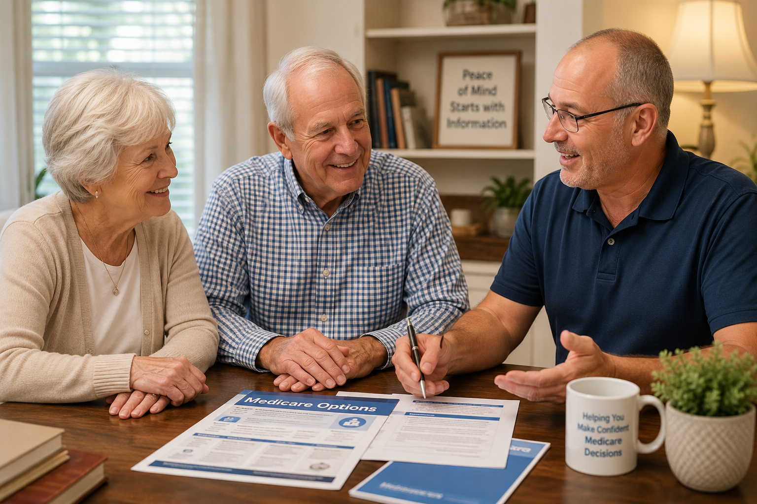A Medicare educator explains Medicare coverage options to an older couple during a friendly consultation, helping them understand enrollment and healthcare decisions.