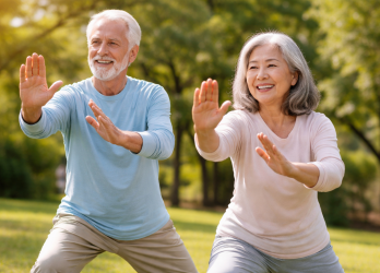 Senior Couple Doing Tai Chi in Park Senior Couple Doing Tai Chi in Park